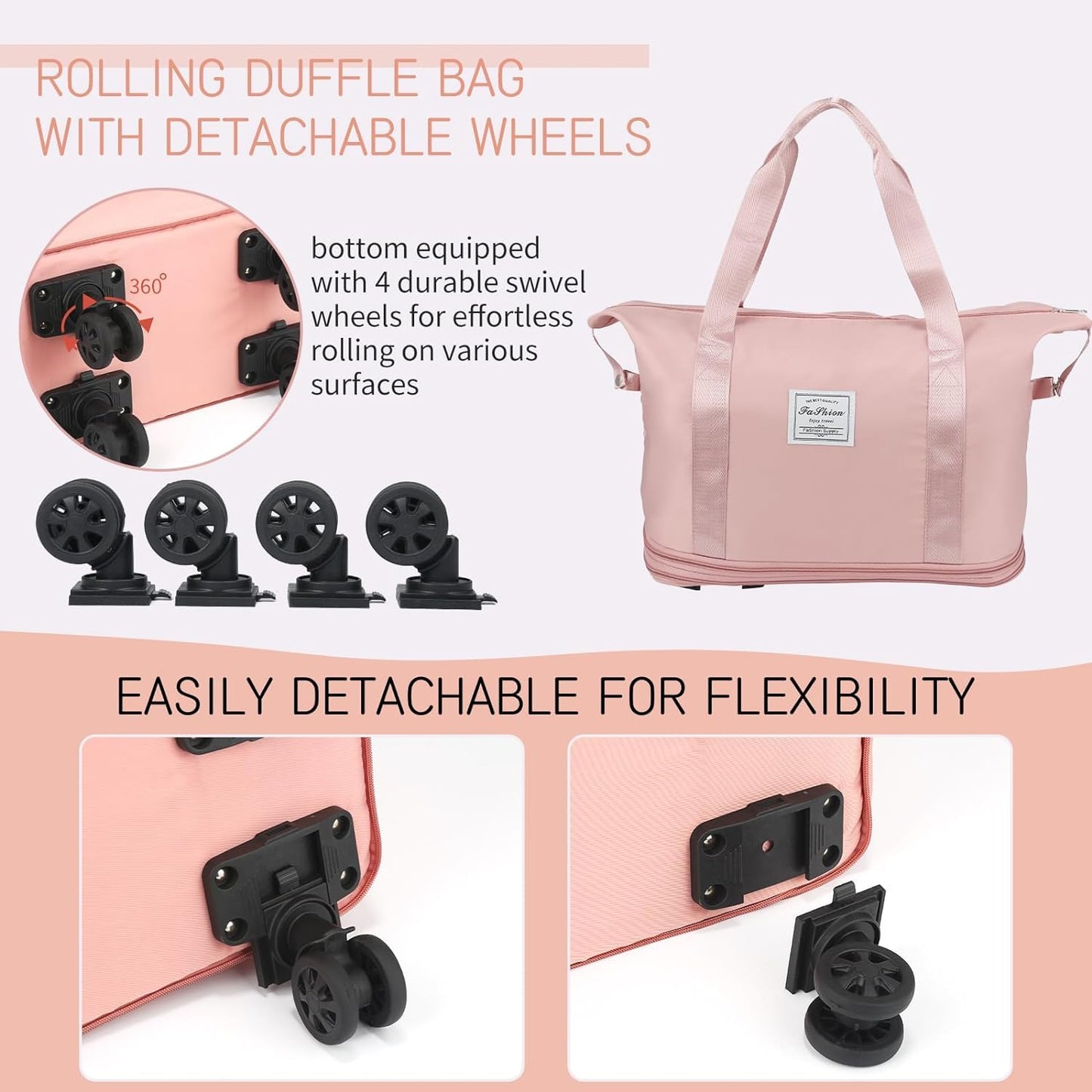 Expandable duffel bag with 360° spinner wheels and waterproof nylon