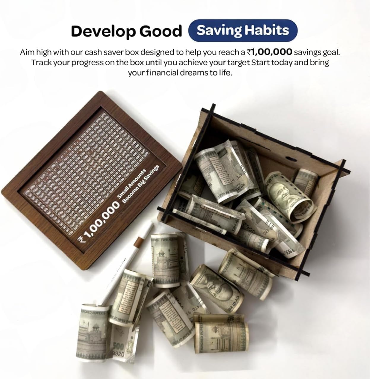 Top-view of dual slots for coins and banknotes on savings challenge box