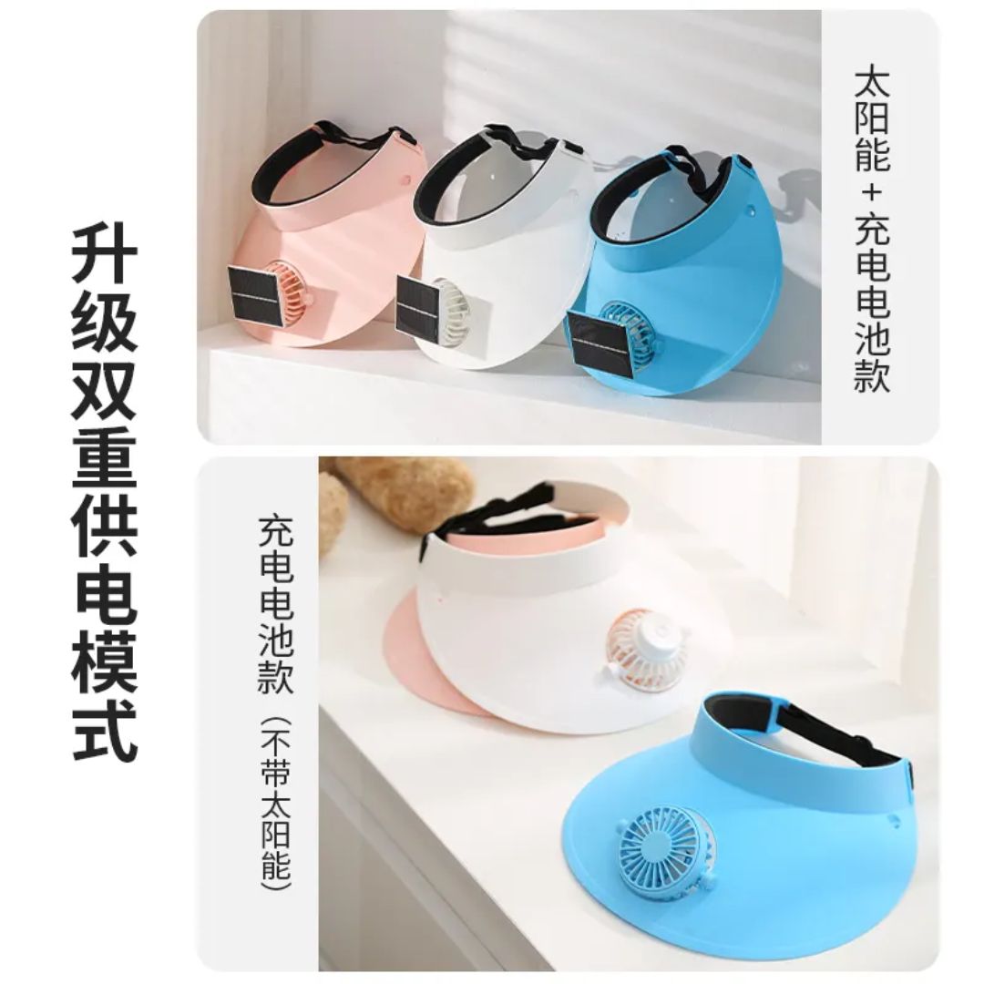 Cooling sun visor hat with built-in silent fan and wide brim