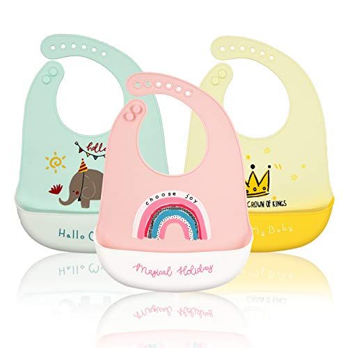 Adjustable food-grade silicone baby bib with deep catch-all pocket
