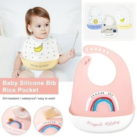 Baby wearing premium silicone bib with deep rice catcher pocket in pastel color, adjustable neckline