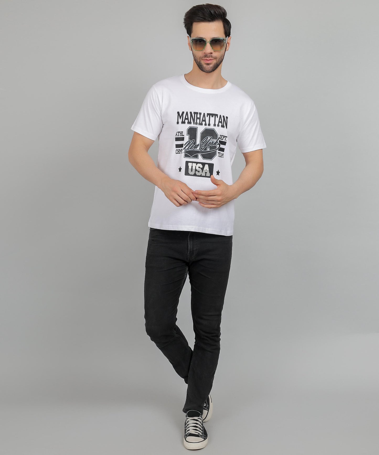 Men’s white graphic printed cotton t‑shirt with bold streetwear design and relaxed fit