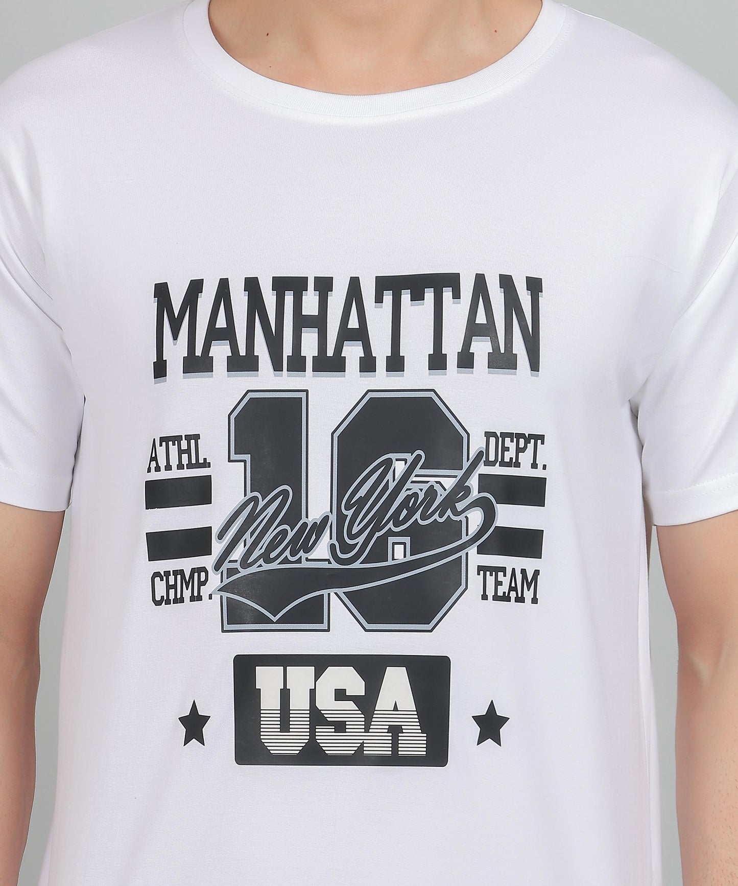 Close-up of bold graphic artwork on white cotton t‑shirt