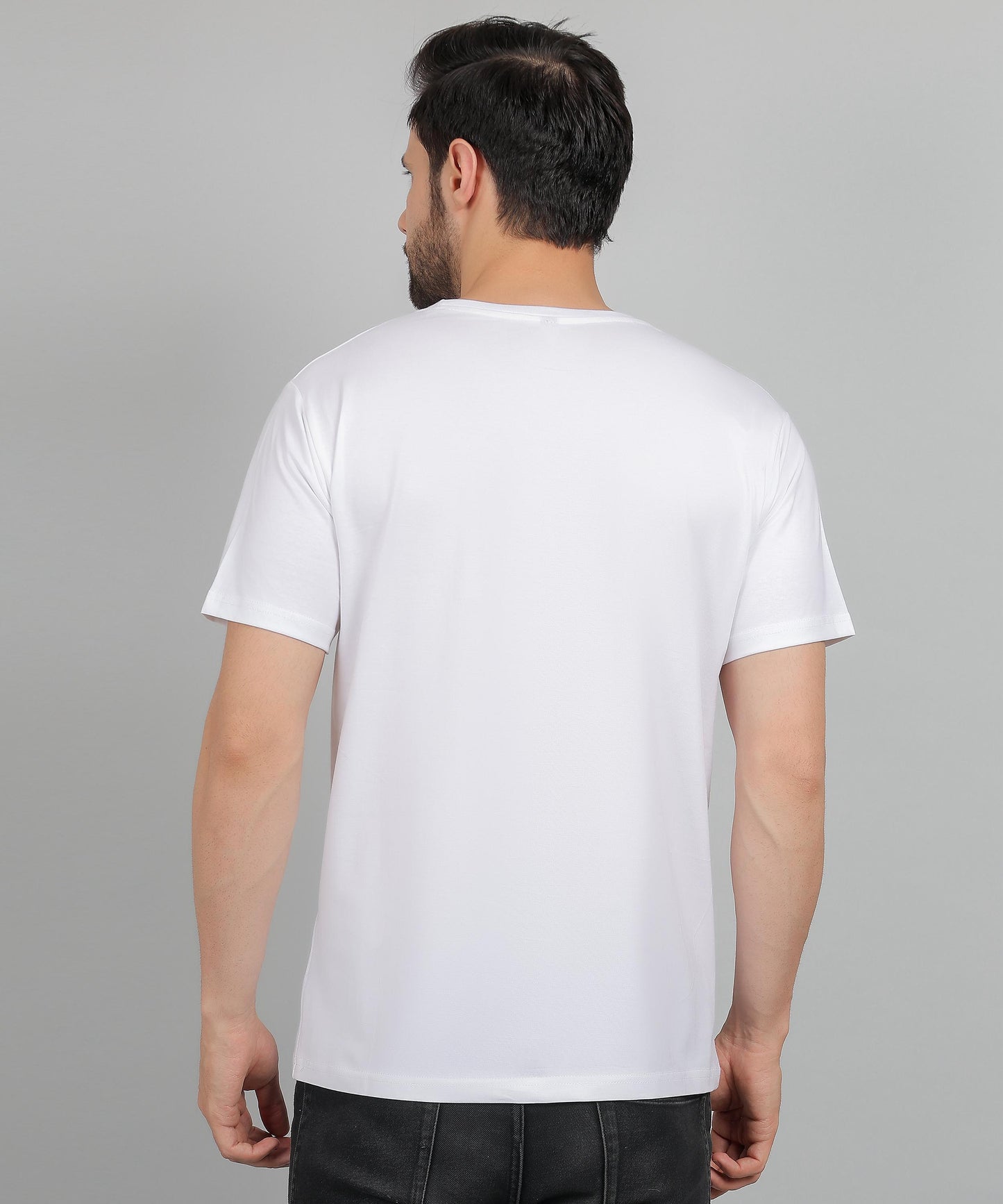 Back view of men’s relaxed-fit graphic tee in white cotton