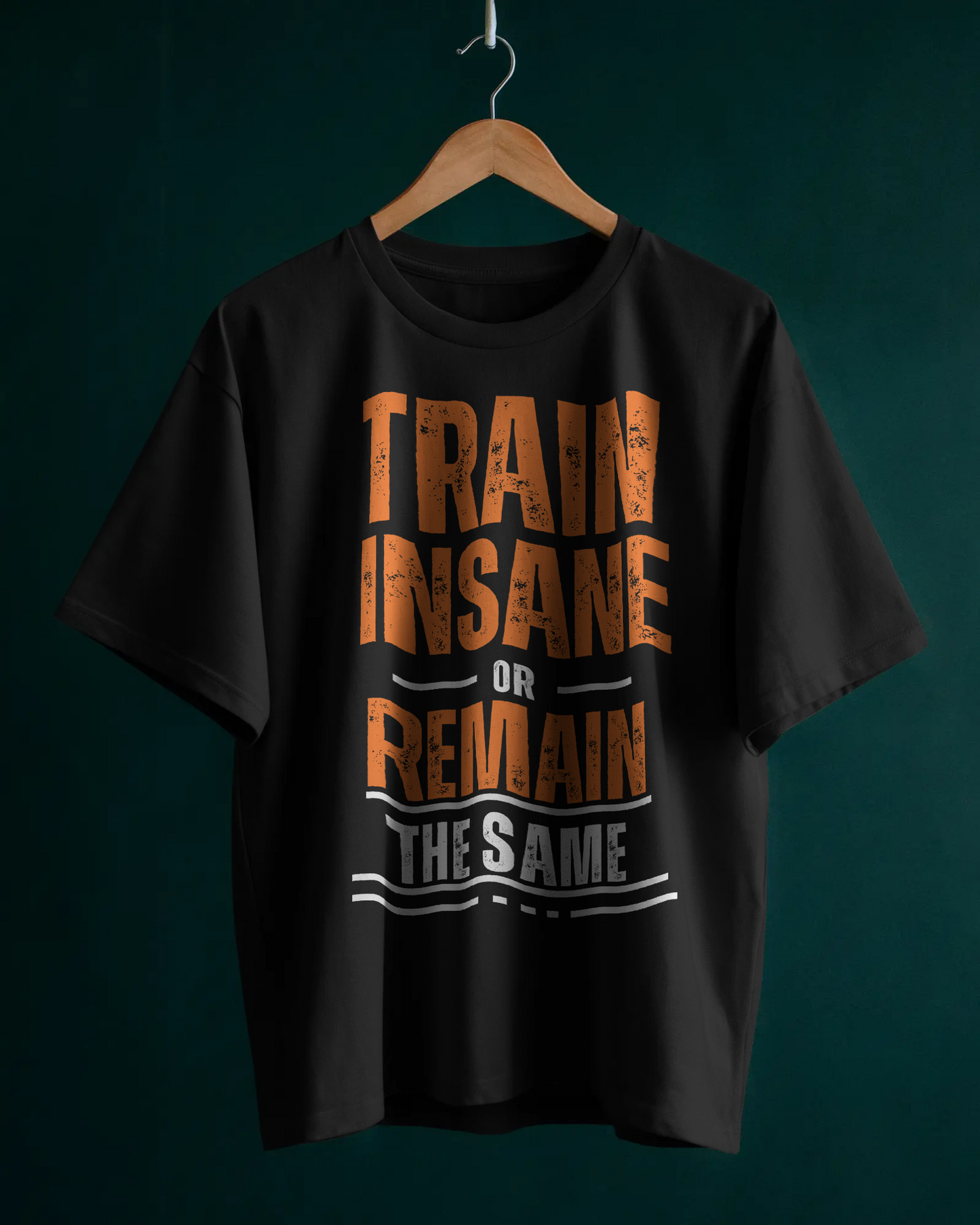 Front view of white oversized t‑shirt for men with Train slogan graphic