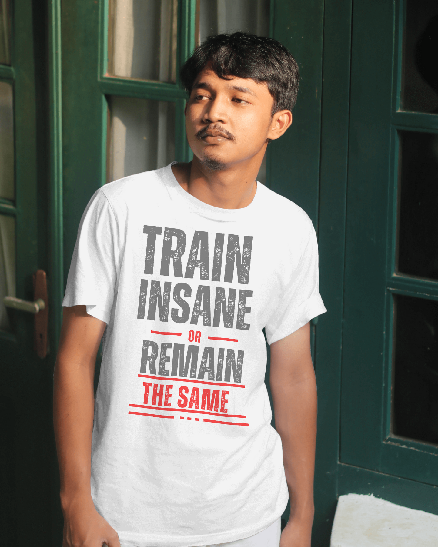 Breathable cotton gym tee with Train slogan for daily wear