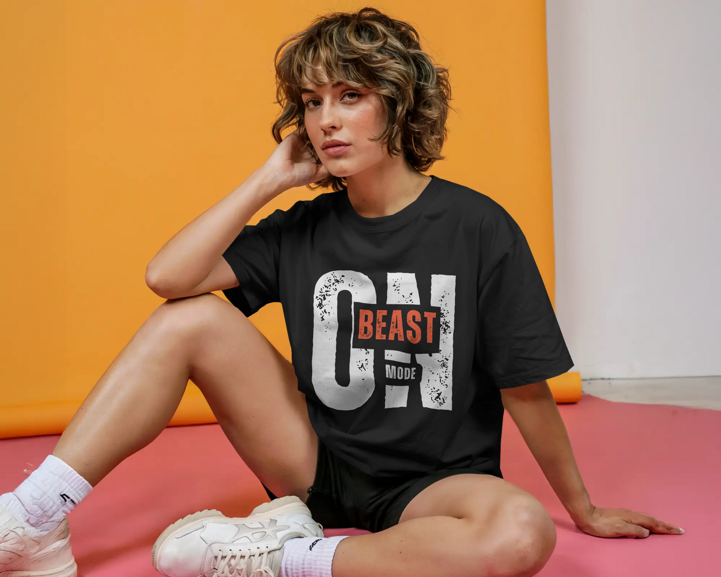 Model wearing black Beast oversized t-shirt with drop shoulder style