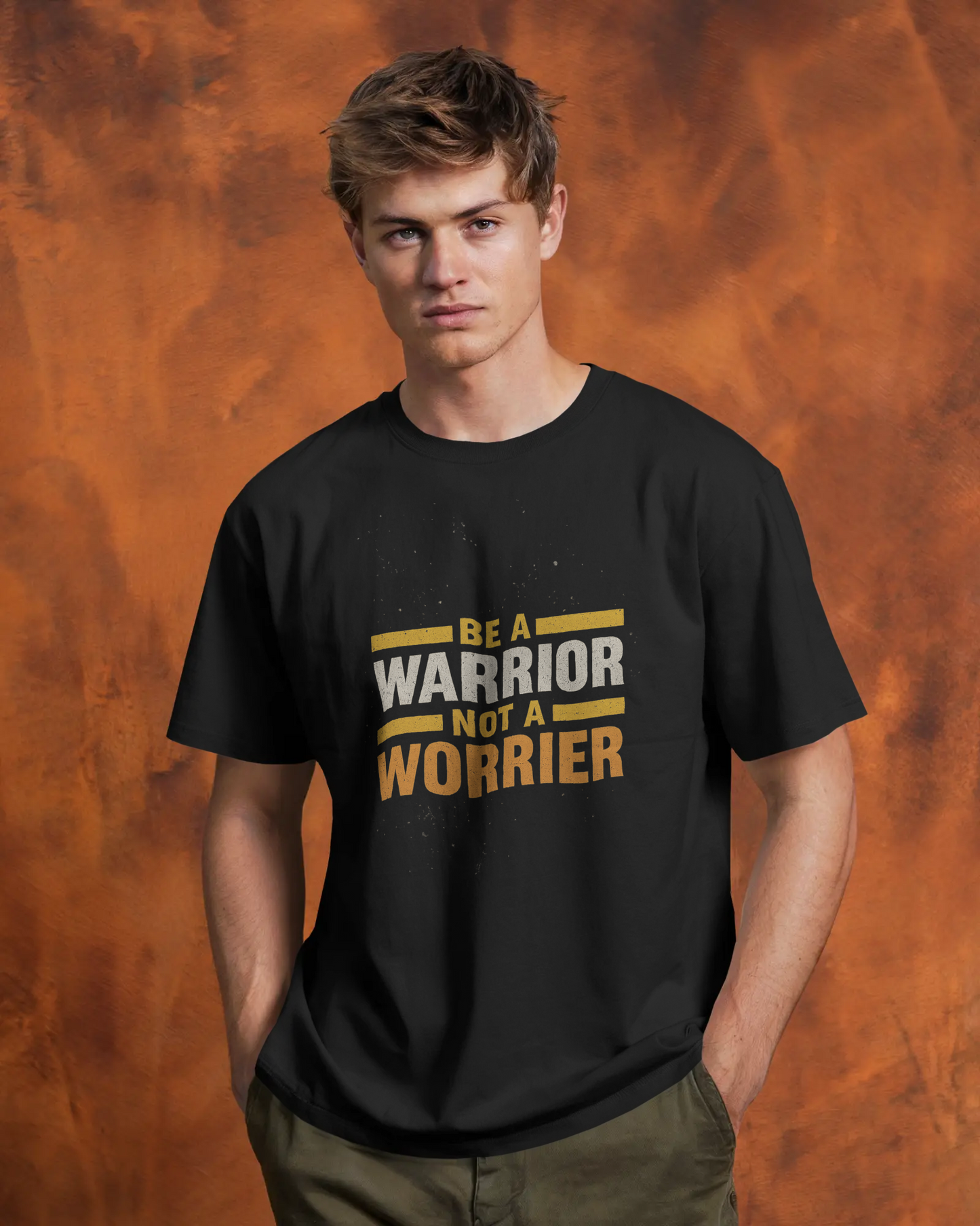 Model wearing black graphic printed tee with casual street style