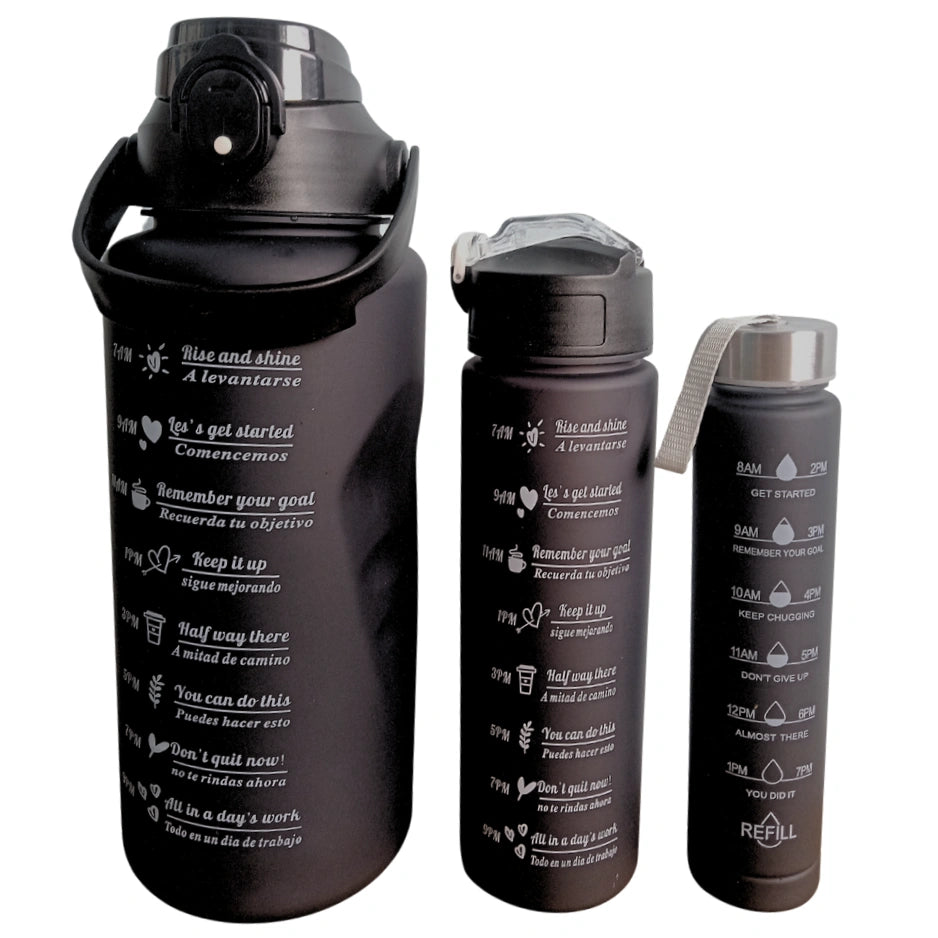 Black 3-pack motivational water bottles with inspirational quotes and time markers