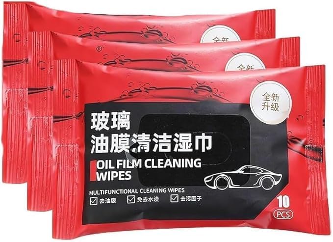 Pack of 3 oil film cleaning wipes for automotive glass and car windshields