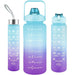 Set of 3 motivational water bottles with time markers and leak-proof straws