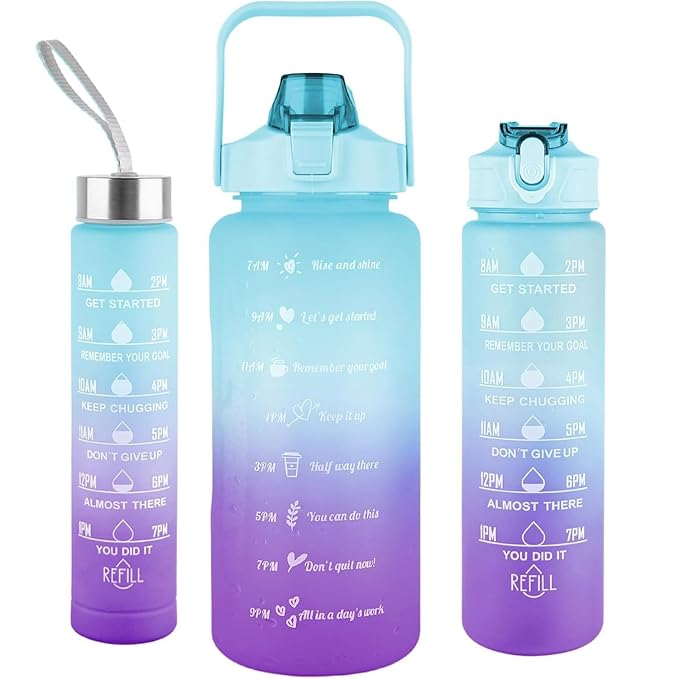 Set of 3 motivational water bottles with time markers and leak-proof straws