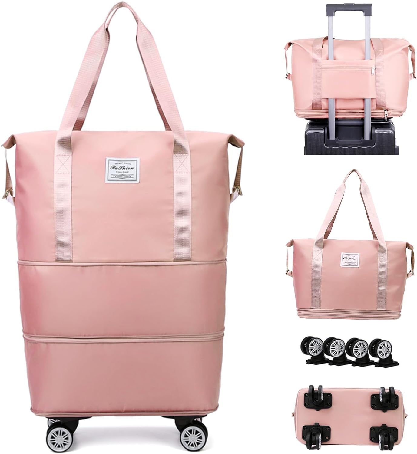 Premium expandable travel duffel bag with detachable wheels and retractable trolley handle