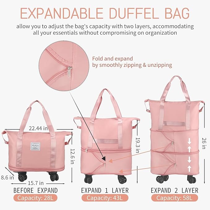 Premium expandable travel duffel bag with detachable wheels and retractable trolley handle