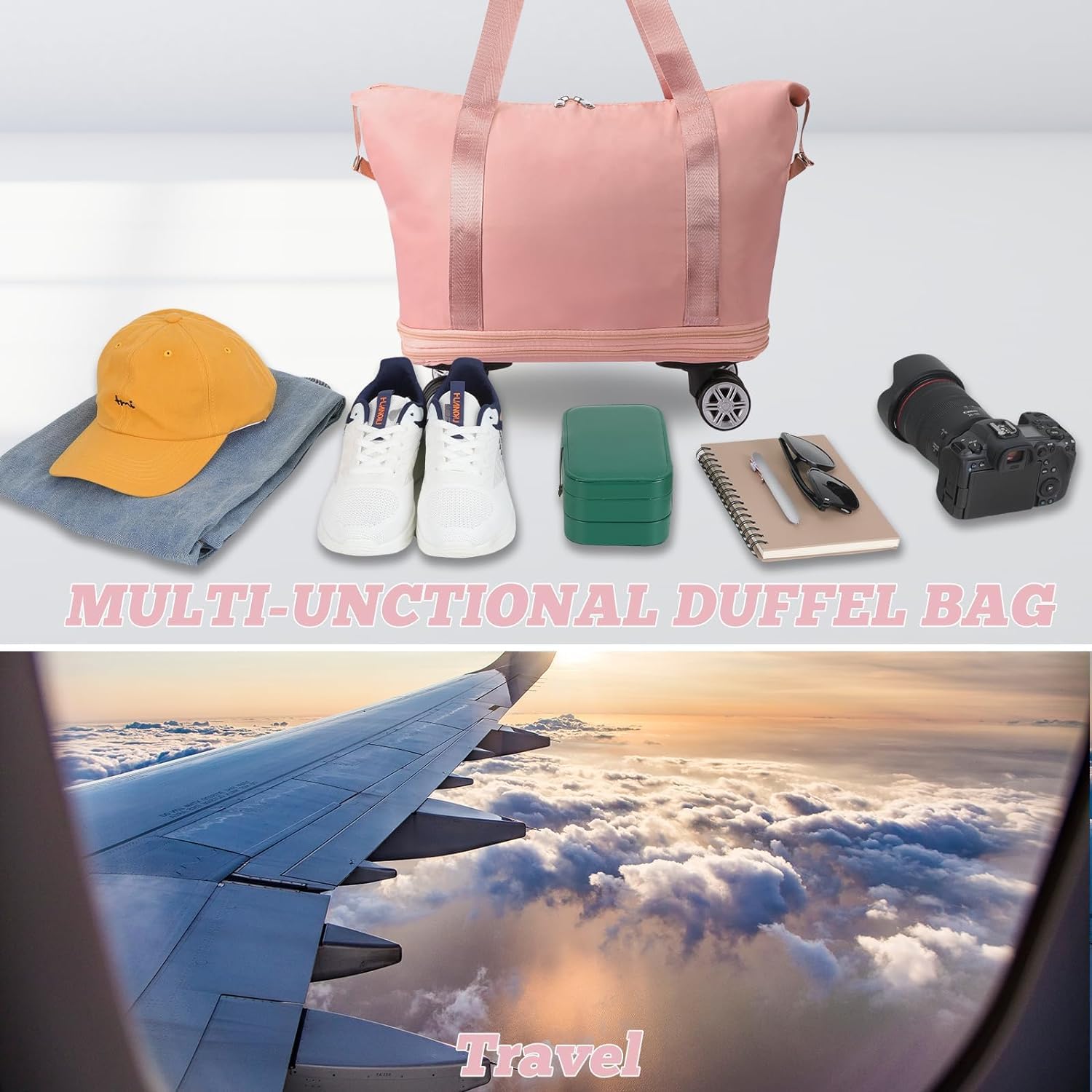 Large weekend travel bag with dual handles and expandable base