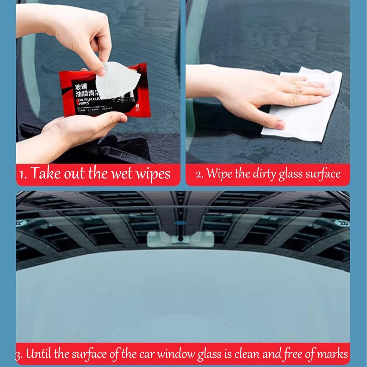 Close‑up of oil film cleaning wipe in action on auto glass