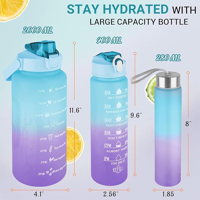 Set of 3 motivational water bottles with time markers and leak-proof straws