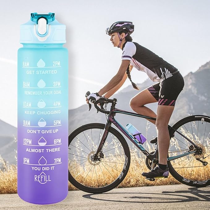 Hand holding motivational time‑marker bottle with easy‑carry handle