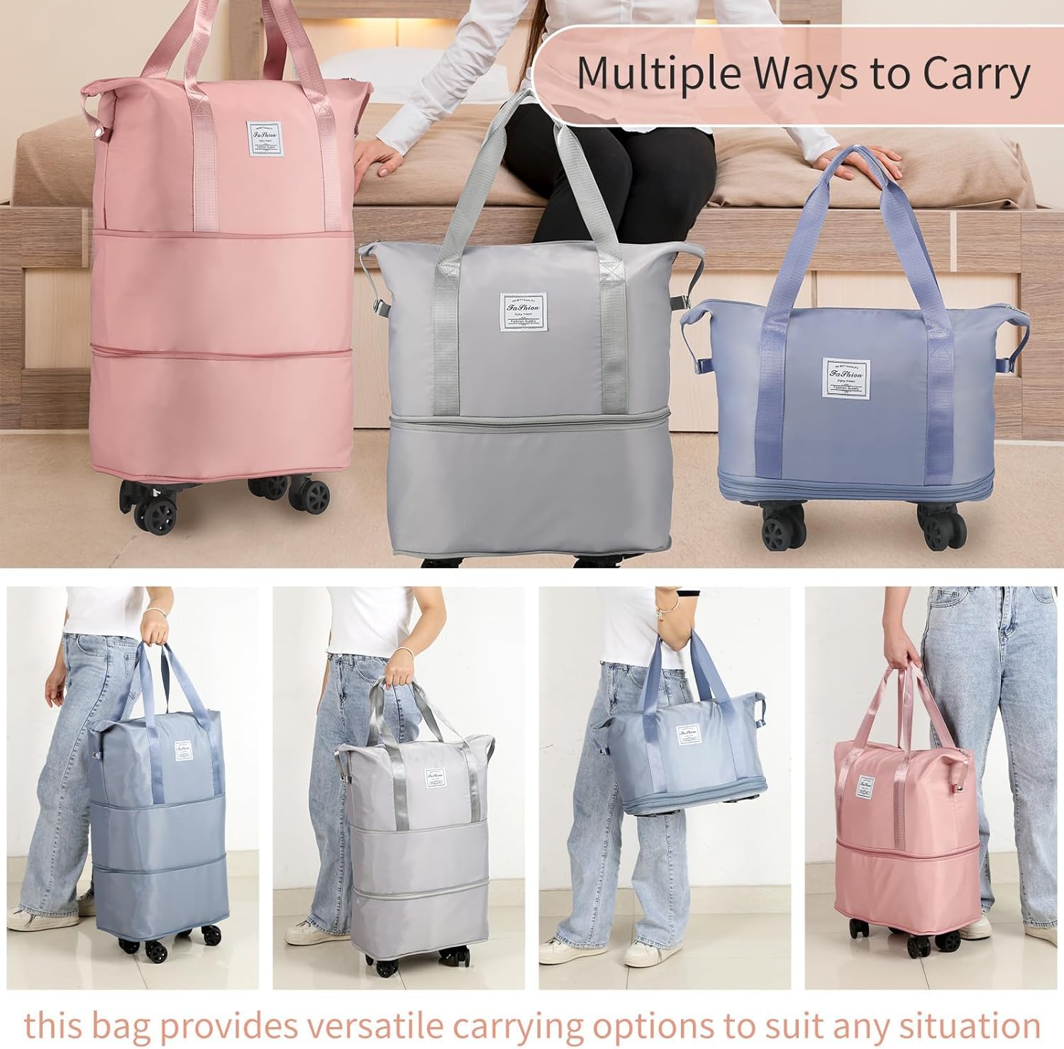 Model pulling premium travel duffel with wheels through airport terminal