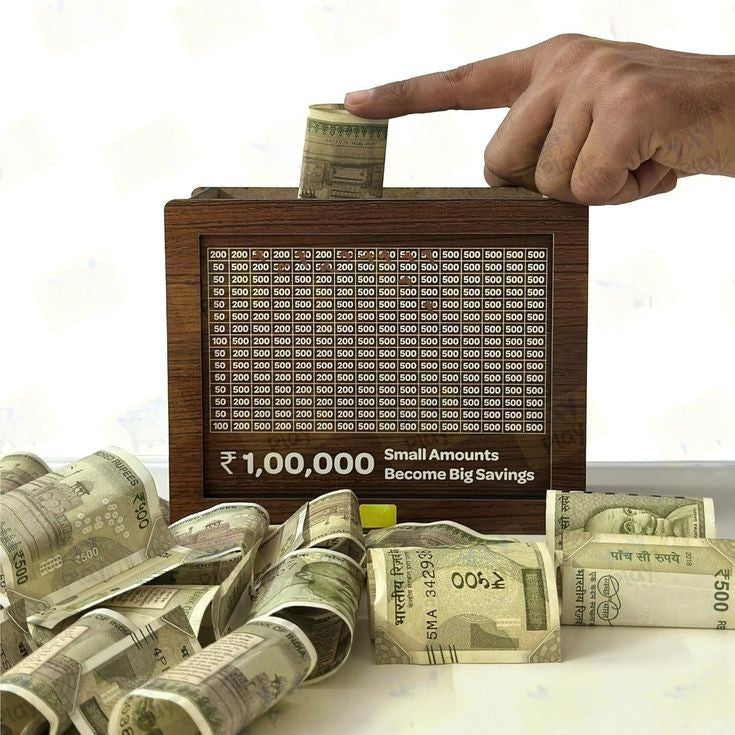 Wooden savings challenge box with tracking stickers and goal markers for saving up to 100,000