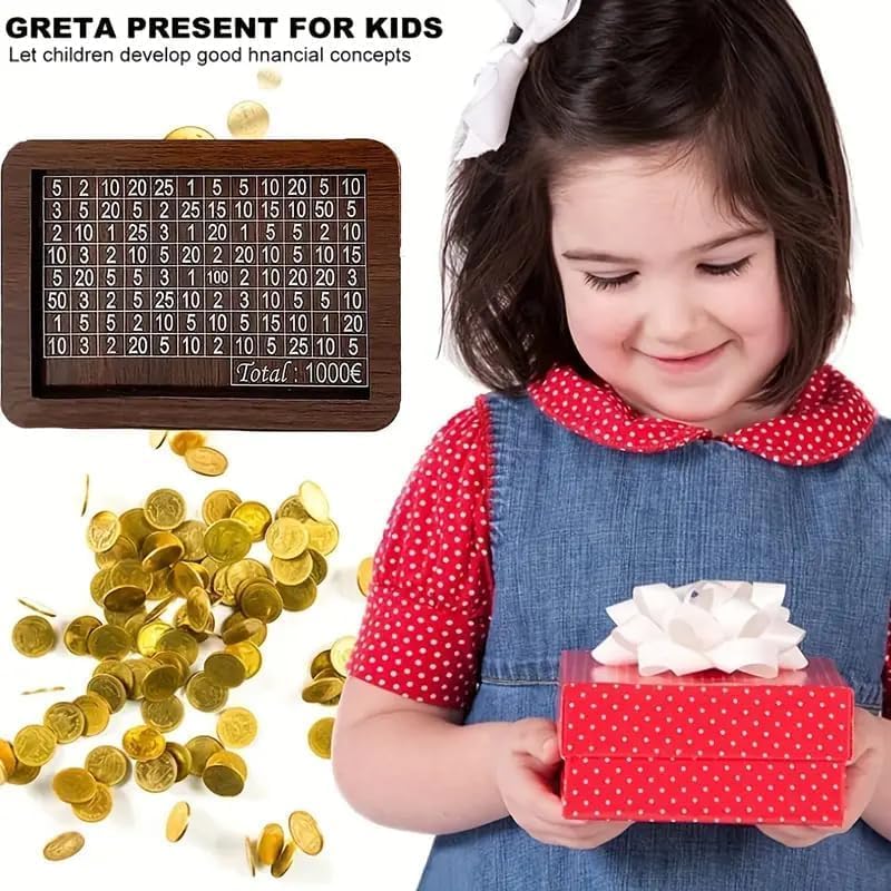 Wooden savings challenge box with tracking stickers and goal markers for saving up to 100,000