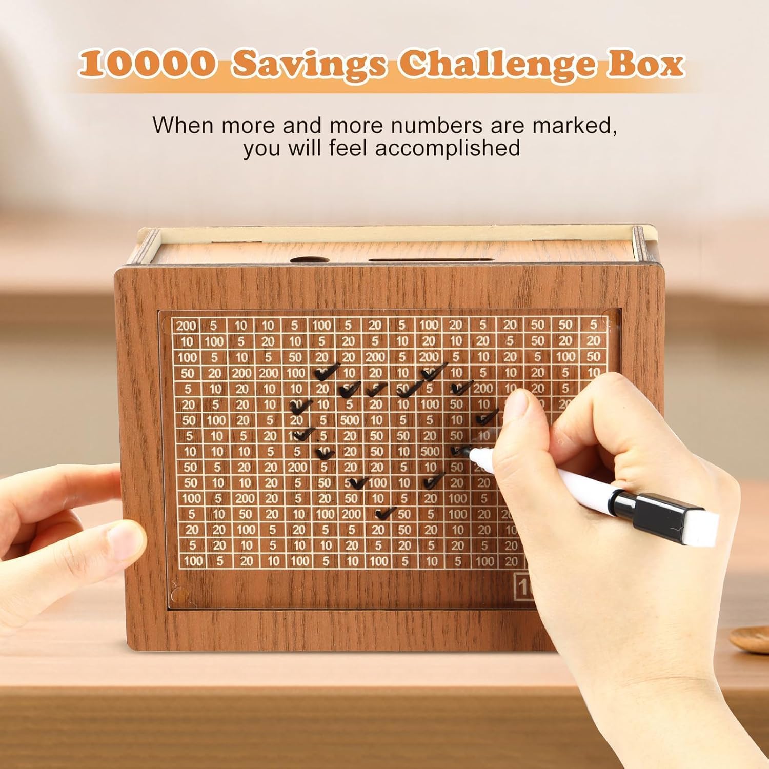 Close-up of tracking sticker showing partial savings progress on wooden box