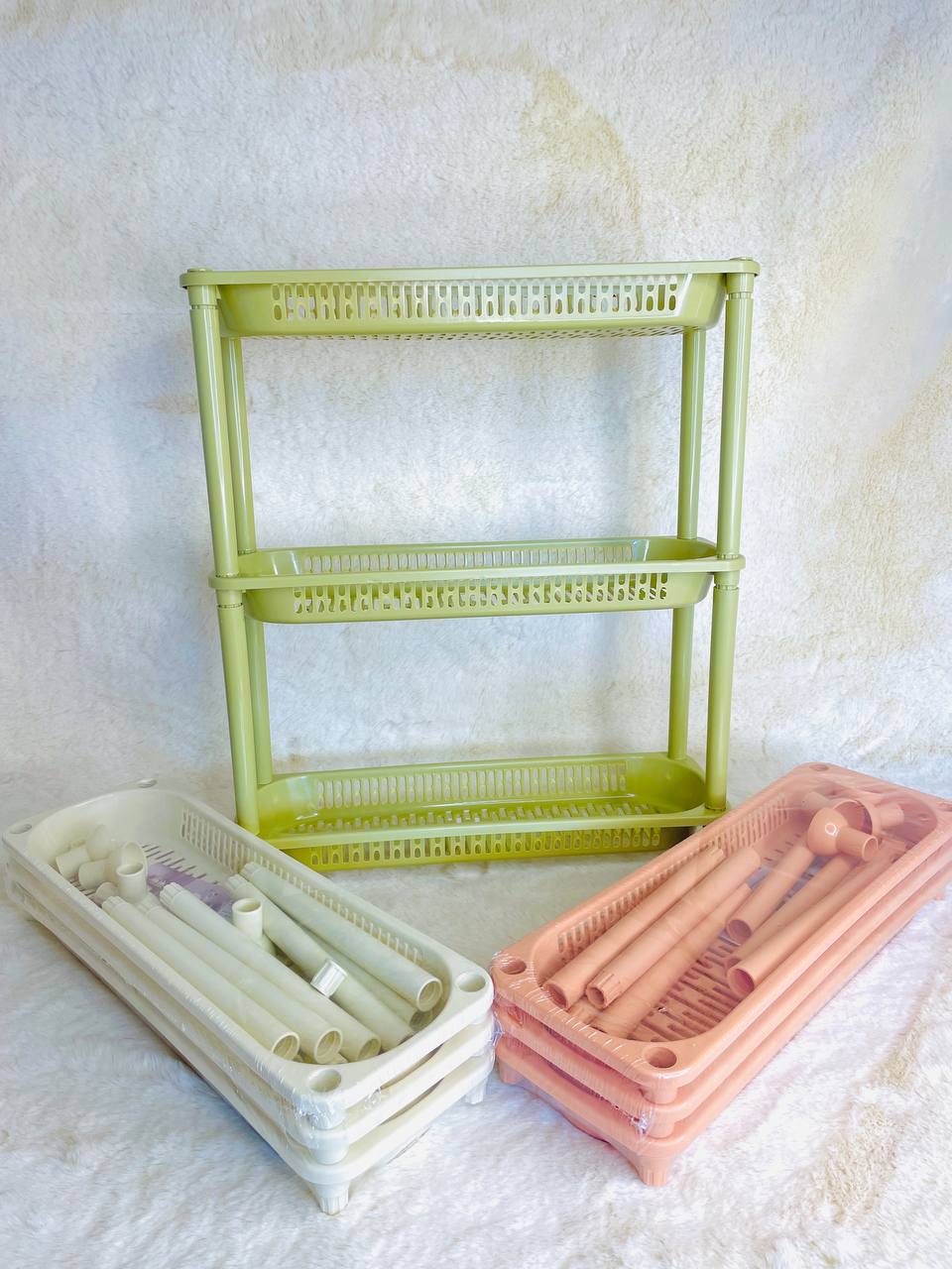 Slim 3-tier plastic organizer rack for kitchen spices and utensils