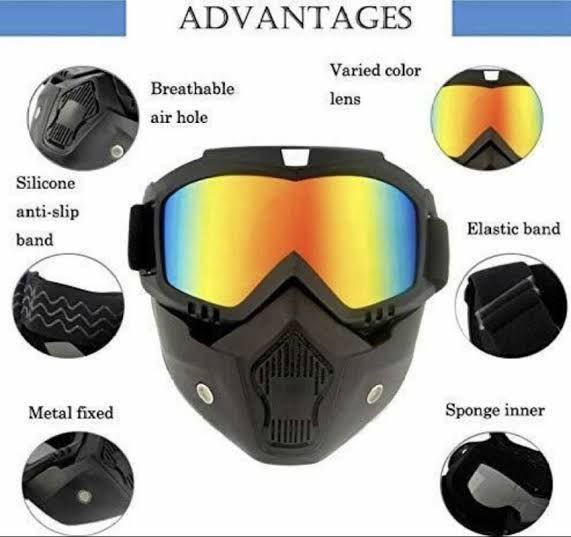 Motorcycle face mask with multicolor reflective lens goggles, ABS shell and adjustable silicone strap