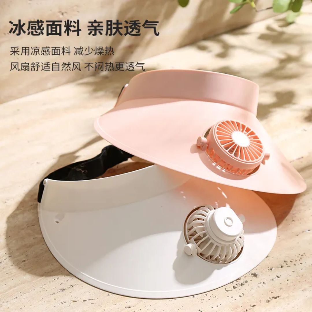 Cooling sun visor hat with built-in silent fan and wide brim