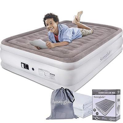 Single-size inflatable air mattress with integrated electric pump for camping or guest use