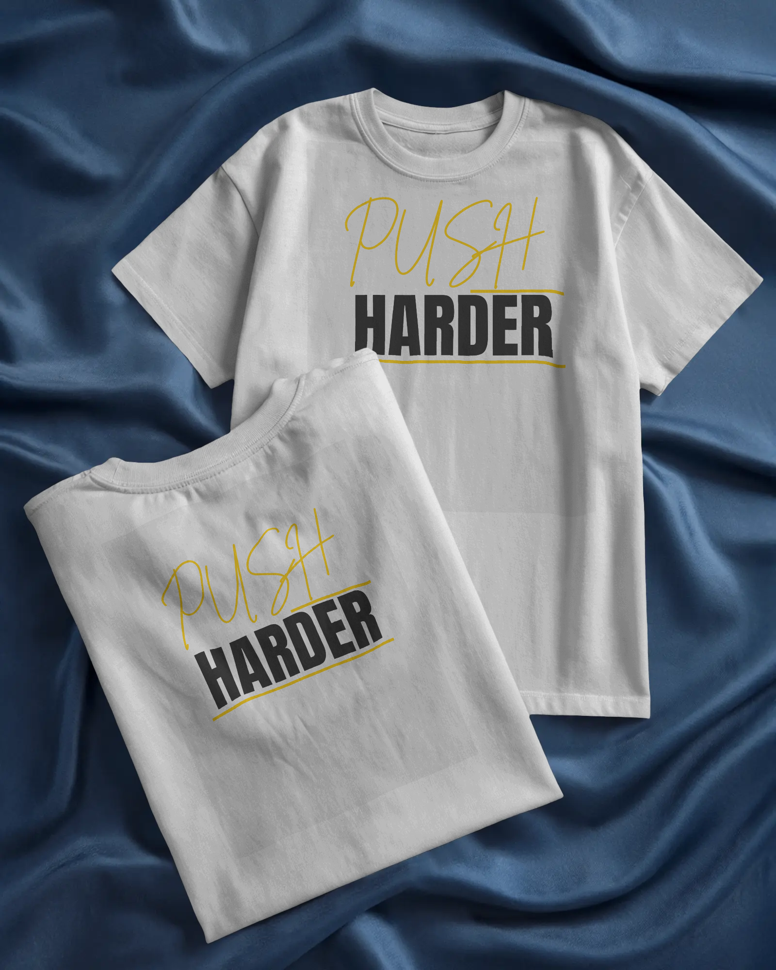 Front view of white athletic oversized t‑shirt with Push Harder text