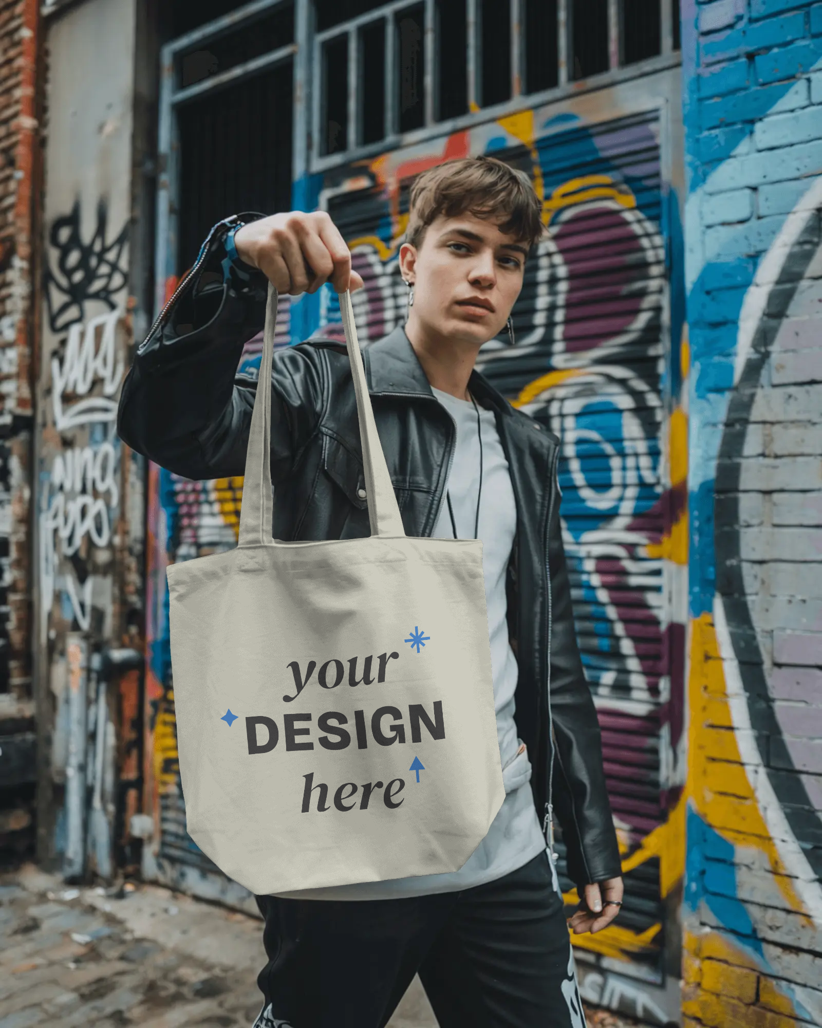 Model holding customized carry bag with bold personalized graphic
