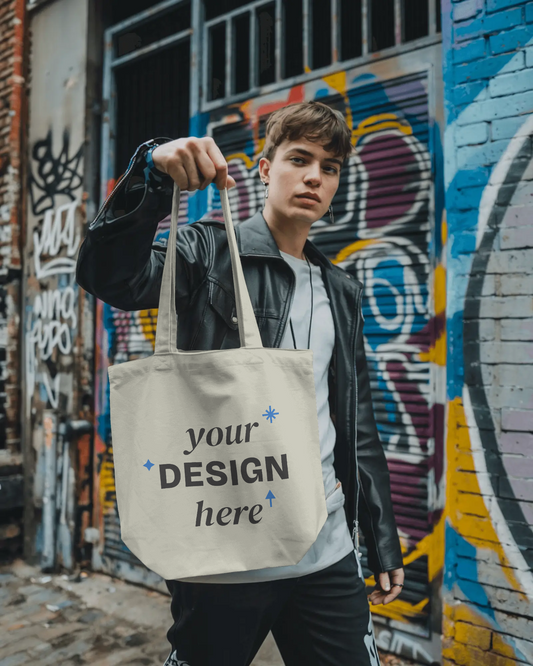 Model holding customized carry bag with bold personalized graphic