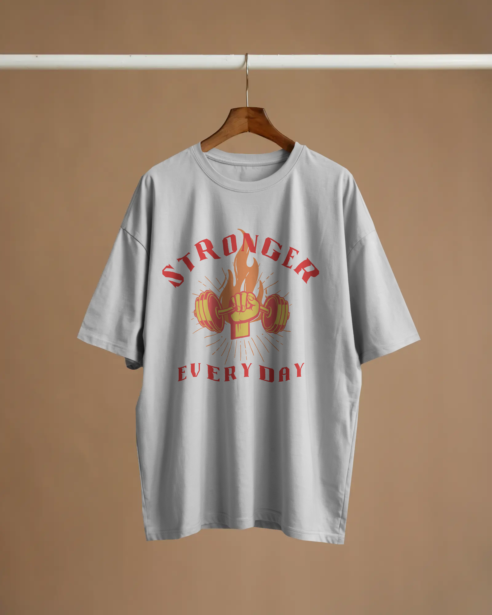 Front view of white oversized tee with Strong slogan graphic for men