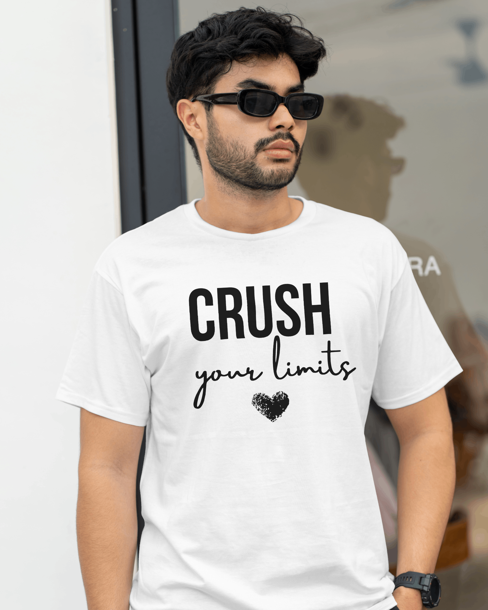 Back side of men’s oversized Crush t‑shirt in pure white cotton