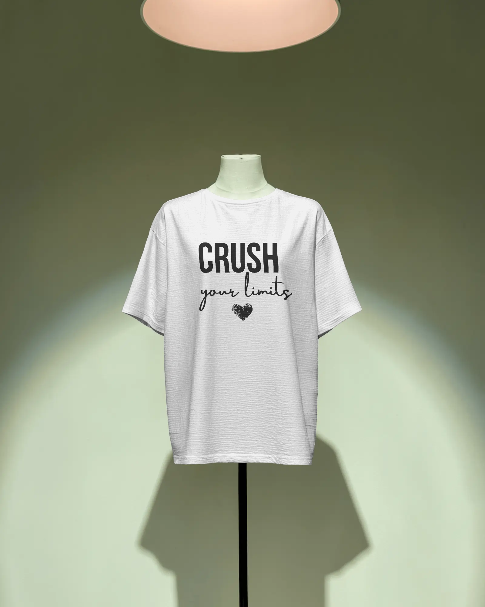 Front view of white oversized t‑shirt for men with Crush logo design