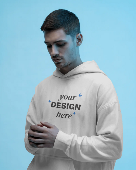 Model wearing custom-design non-zipper hoodie in cotton blend