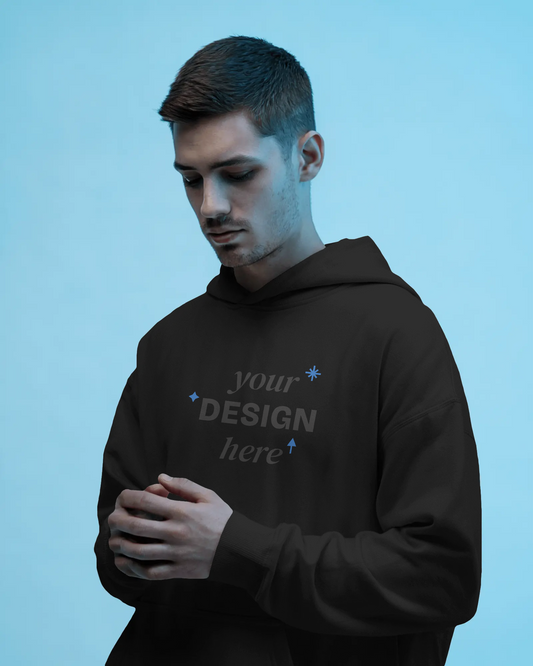 Model wearing custom-design non-zipper hoodie in cotton blend