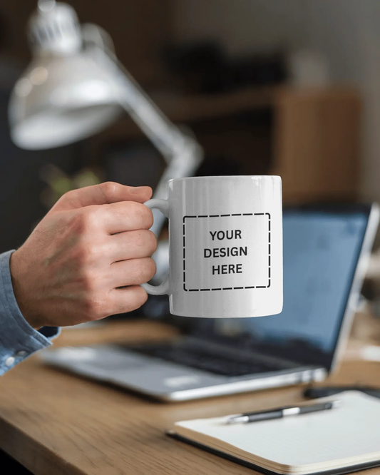 Customized coffee mug with photo and text on glossy ceramic surface