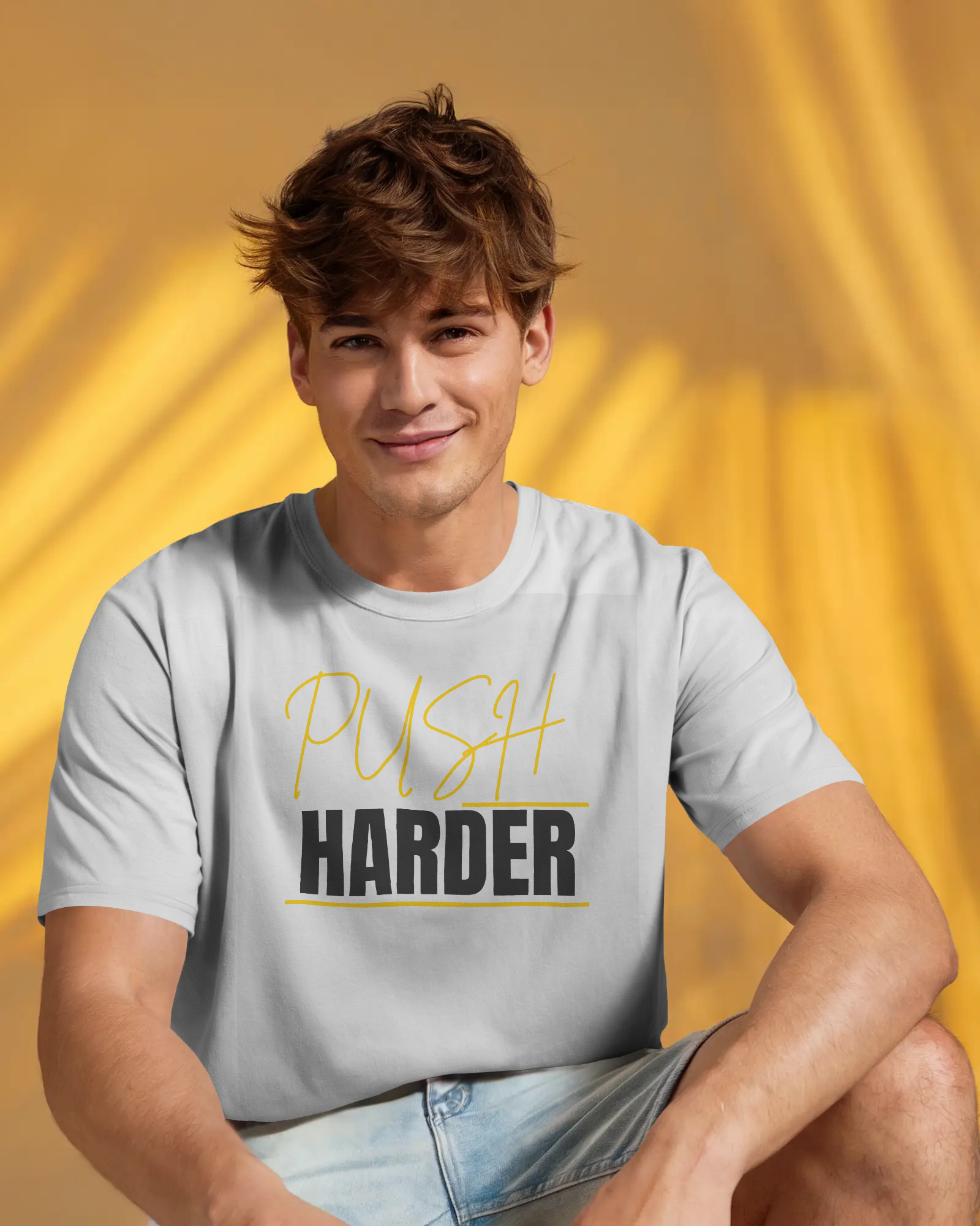 Model wearing pull-shoulder style Push Harder oversized t‑shirt